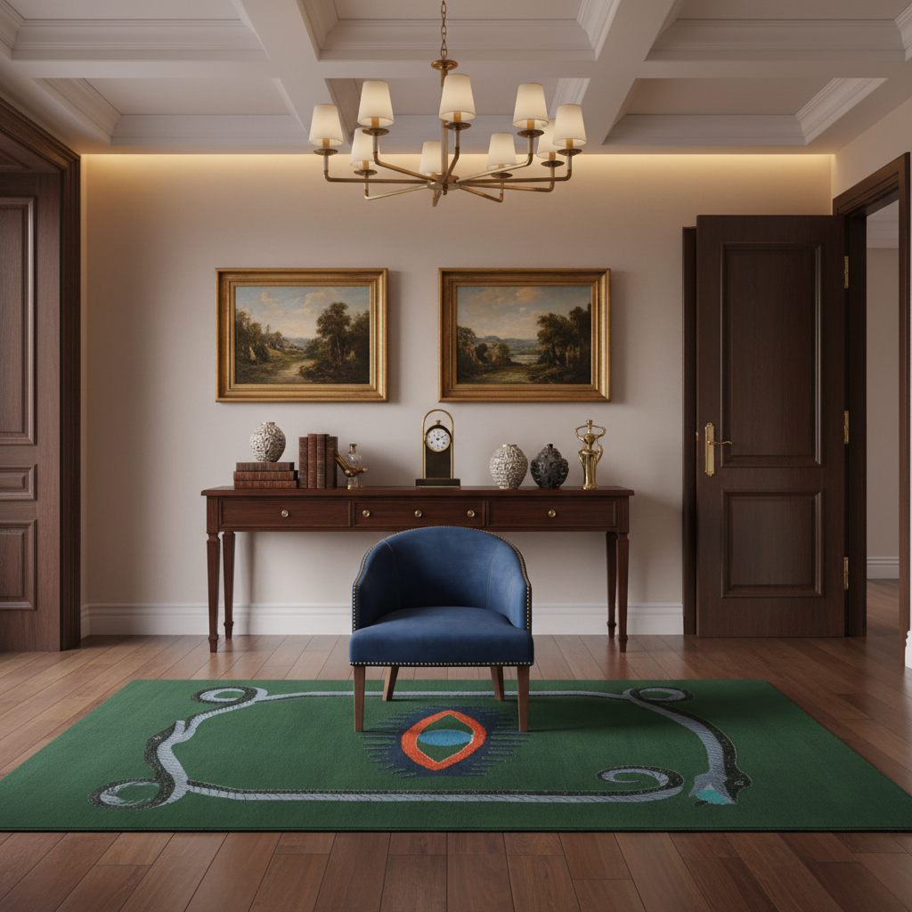 Stylish interior with a blue armchair, green rug, and wooden console table.