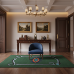 Stylish interior with a blue armchair, green rug, and wooden console table.