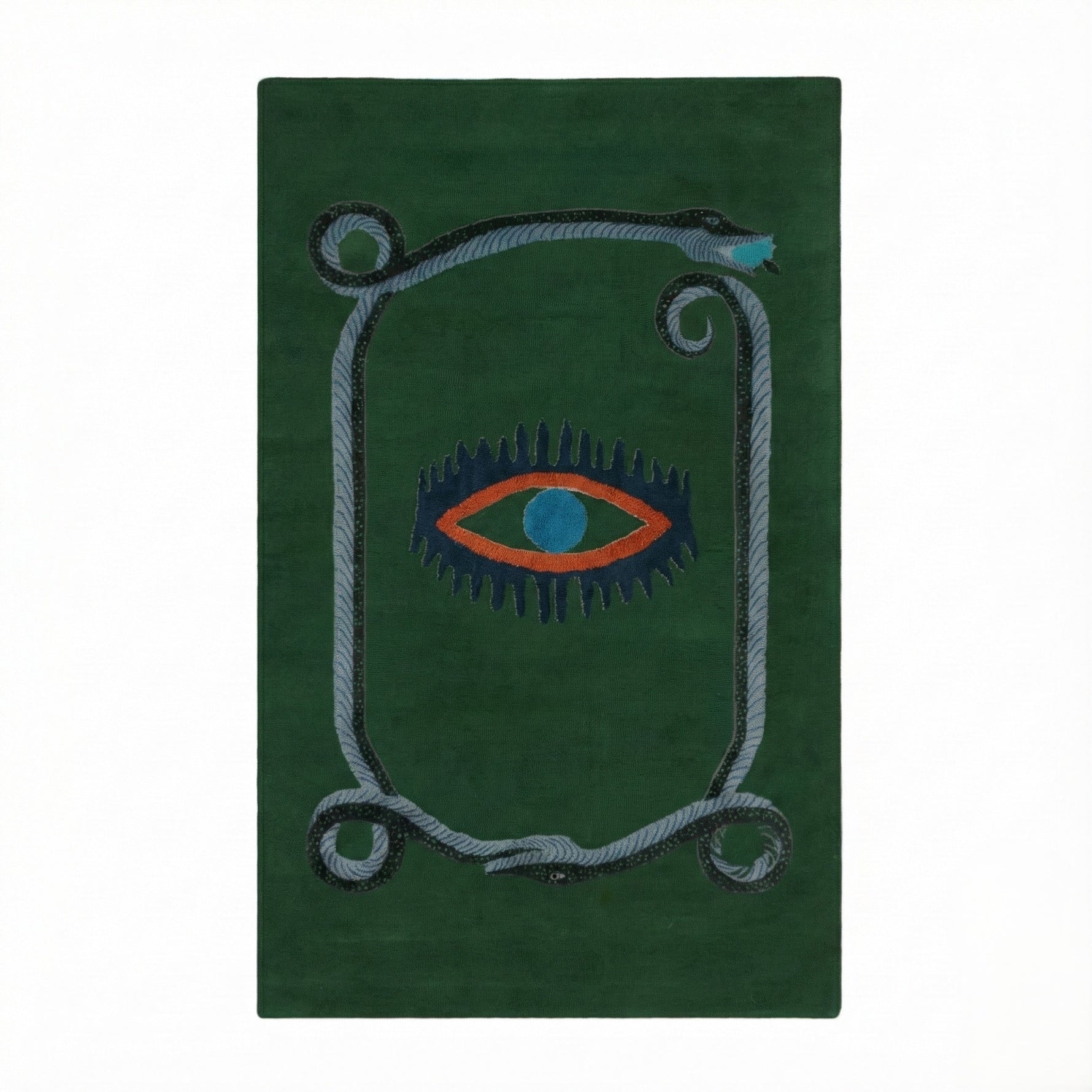A striking green wool area rug featuring a unique design with a central red and blue eye motif, bordered by a snake pattern. This hand-tufted vintage rug is perfect for adding an artistic touch to your dining room, kitchen, or hallway. Ideal as a kitchen runner rug or bathroom runner rug, it complements formal dining room settings and adds warmth and style to any space.