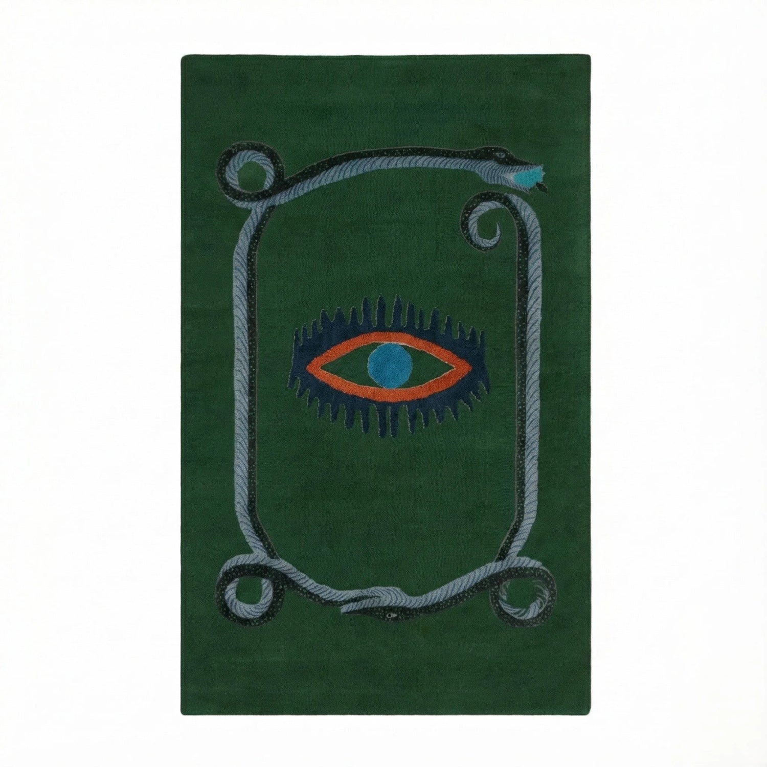 A striking green wool area rug featuring a unique design with a central red and blue eye motif, bordered by a snake pattern. This hand-tufted vintage rug is perfect for adding an artistic touch to your dining room, kitchen, or hallway. Ideal as a kitchen runner rug or bathroom runner rug, it complements formal dining room settings and adds warmth and style to any space.