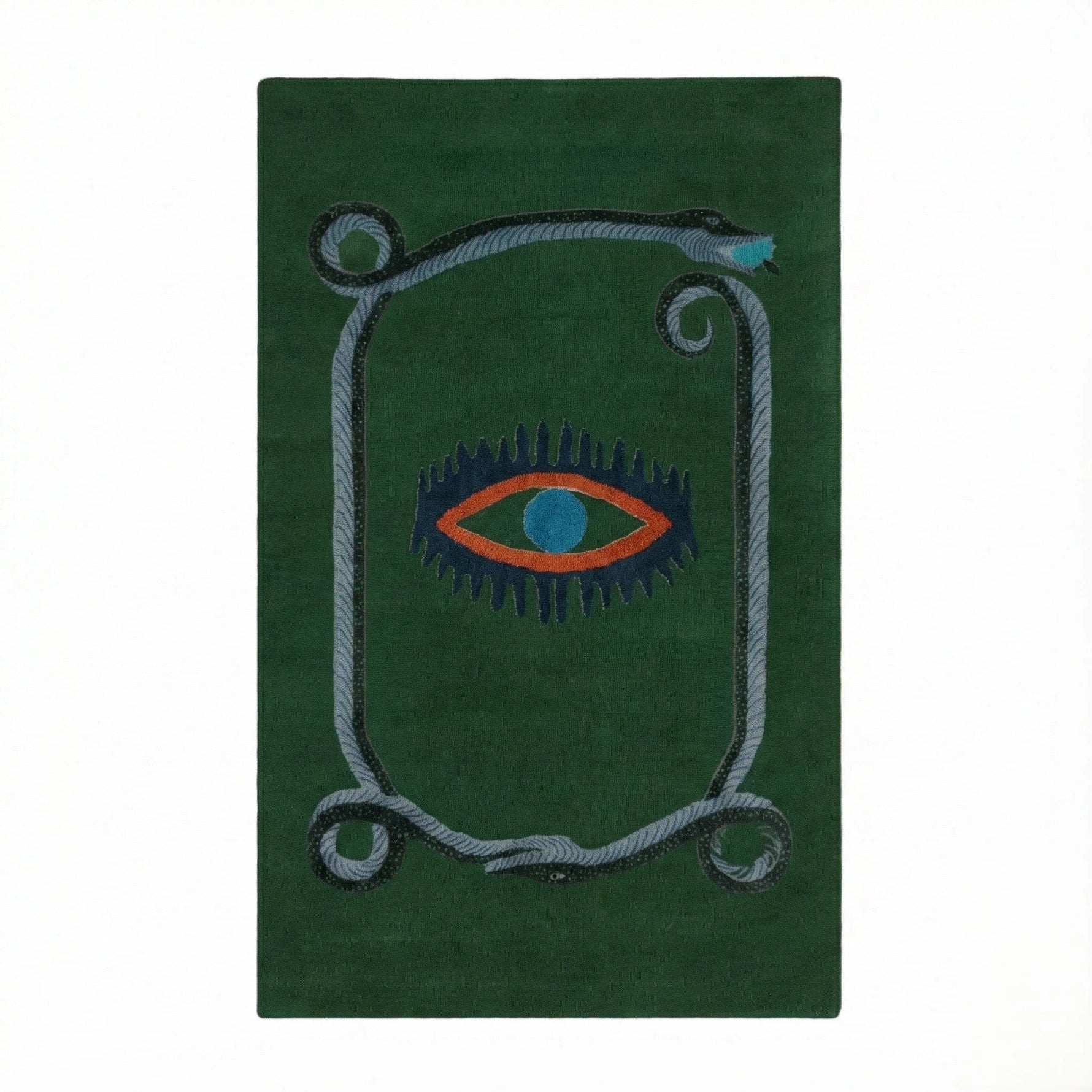 A striking green wool area rug featuring a unique design with a central red and blue eye motif, bordered by a snake pattern. This hand-tufted vintage rug is perfect for adding an artistic touch to your dining room, kitchen, or hallway. Ideal as a kitchen runner rug or bathroom runner rug, it complements formal dining room settings and adds warmth and style to any space.