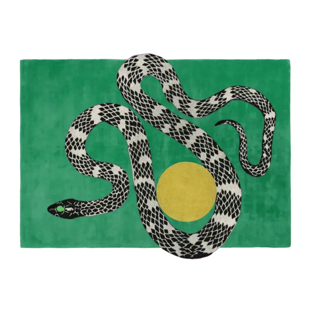 A contemporary wool area rug featuring a striking abstract design of a black and white snake coiling around a yellow sun on a vibrant green background. Perfect for large living room spaces, this hand tufted rug adds a bold, artistic touch to your decor.