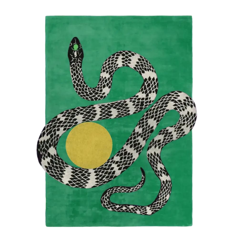 A contemporary wool rug featuring a striking design of a black and white snake intertwined with a yellow sun on a lush green background. Perfect for large living room spaces, this hand-tufted area rug adds a bold statement to any modern decor.