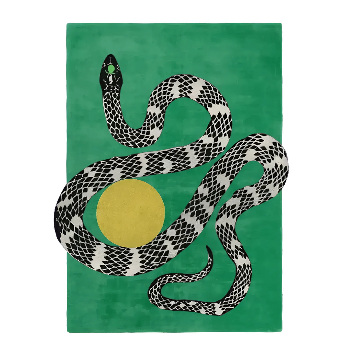 A contemporary wool rug featuring a striking design of a black and white snake intertwined with a yellow sun on a lush green background. Perfect for large living room spaces, this hand-tufted area rug adds a bold statement to any modern decor.