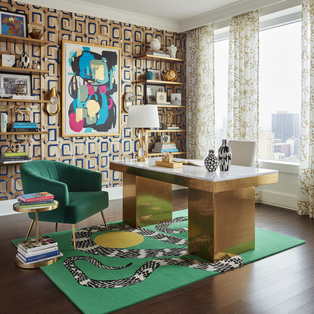 Snake and Sun Green Hand Tufted Wool Rug 5 x 8 ft