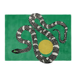 Contemporary green area rug with a black and white snake motif encircling a yellow sun design, perfect for large living rooms. This hand-tufted wool rug adds a touch of modern artistry and elegance to any living room space.