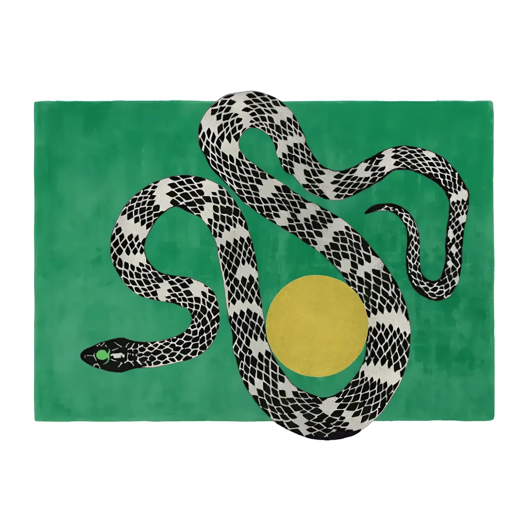 Contemporary green area rug with a black and white snake motif encircling a yellow sun design, perfect for large living rooms. This hand-tufted wool rug adds a touch of modern artistry and elegance to any living room space.