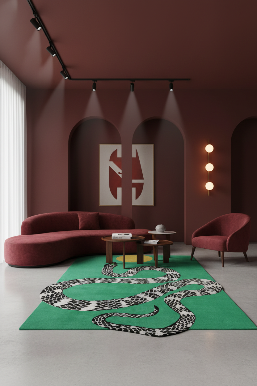 Snake and Sun Green Hand Tufted Wool Rug II
