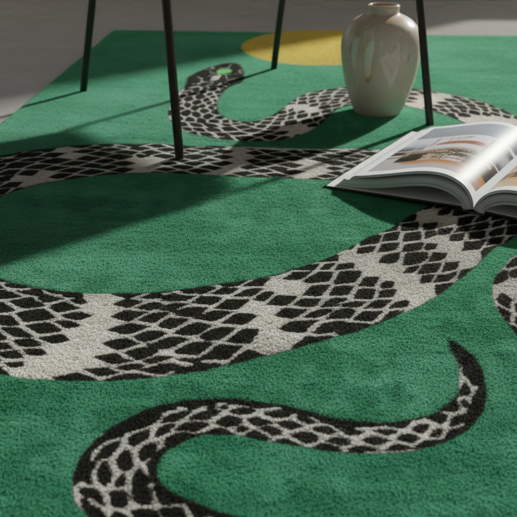 Snake and Sun Green Hand Tufted Wool Rug II