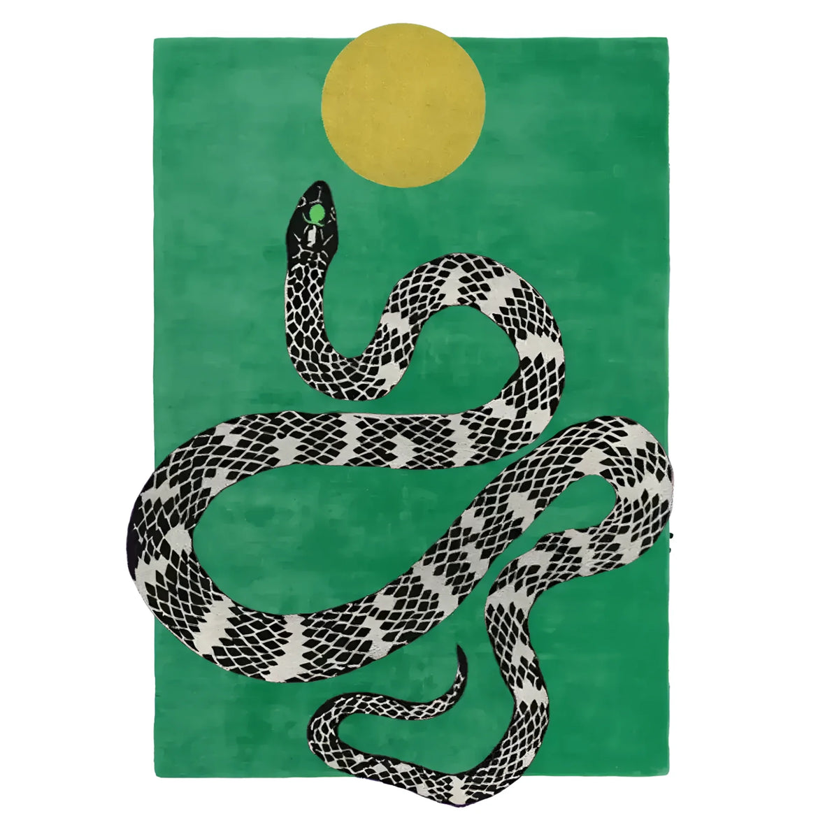 A vibrant green hand-tufted wool area rug featuring an intriguing snake and sun design. Perfect for adding a contemporary touch to your dining room or office space, this wool rug serves as an eye-catching dining table rug or a stylish piece in rugs for office settings.
