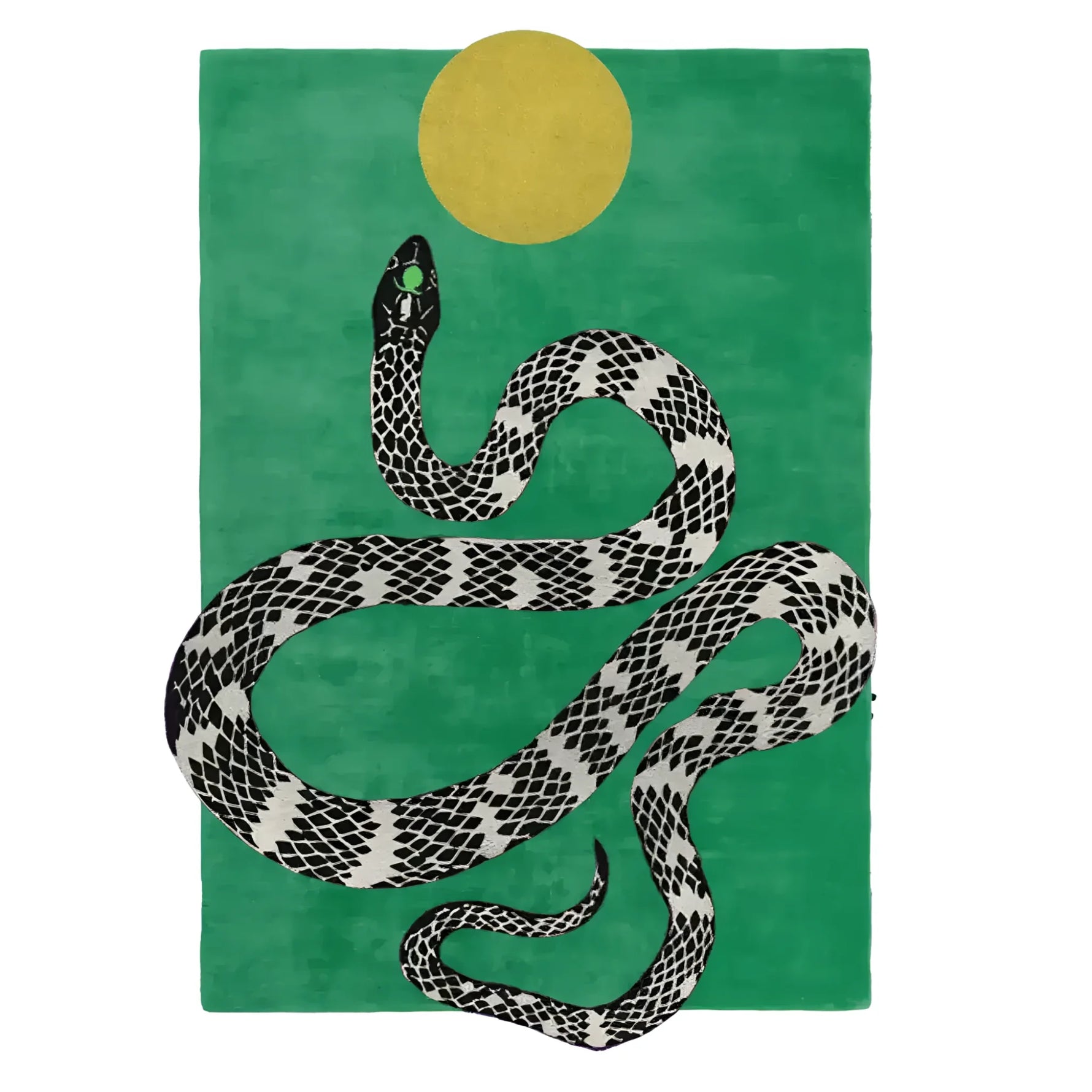 A vibrant green hand-tufted wool area rug featuring an intriguing snake and sun design. Perfect for adding a contemporary touch to your dining room or office space, this wool rug serves as an eye-catching dining table rug or a stylish piece in rugs for office settings.