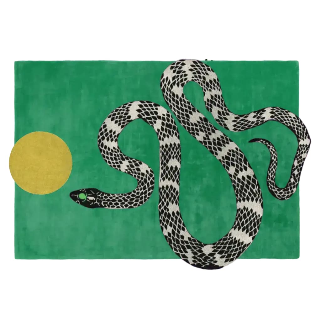 This vibrant green area rug features a striking design of a black and white snake coiled next to a yellow sun. Perfect for adding a contemporary touch to your dining room or office space, this hand-tufted wool rug combines artistry with comfort, making it an ideal choice for both dining table rugs and rugs for office settings.