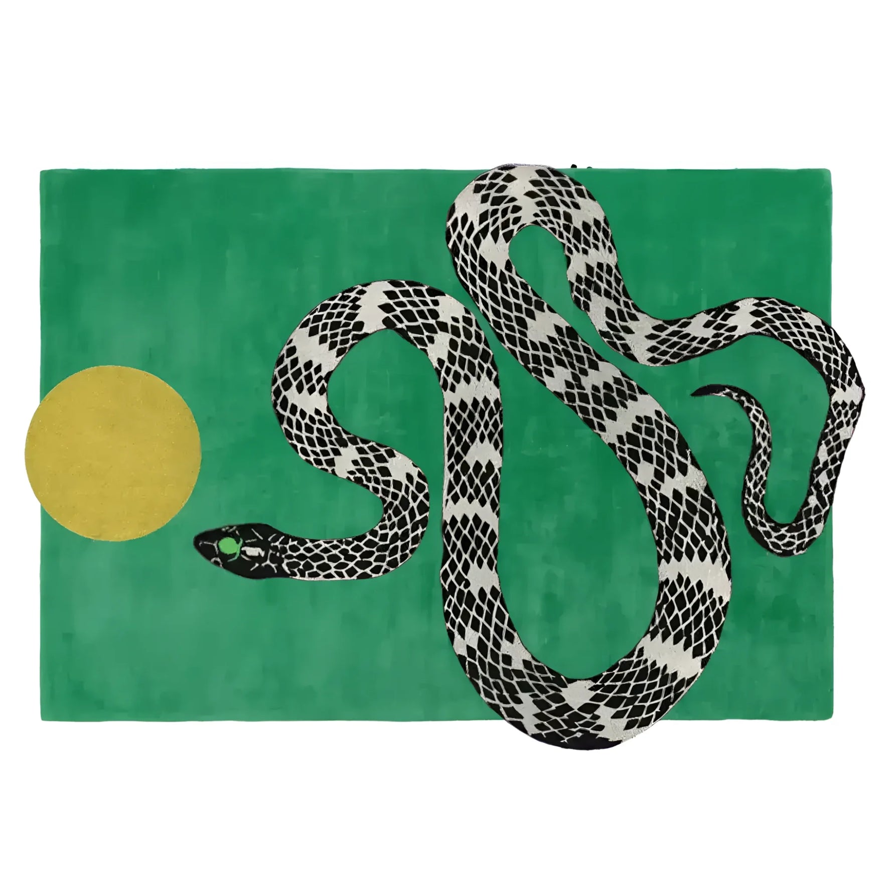 This vibrant green area rug features a striking design of a black and white snake coiled next to a yellow sun. Perfect for adding a contemporary touch to your dining room or office space, this hand-tufted wool rug combines artistry with comfort, making it an ideal choice for both dining table rugs and rugs for office settings.
