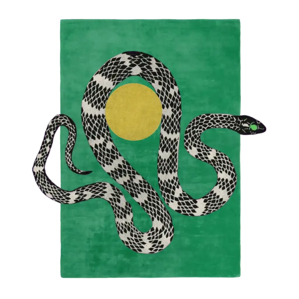 A vibrant area rug featuring a contemporary design with a striking black and white snake coiled around a golden sun on a lush green background. This hand tufted wool rug adds a bold touch to any living room, making it an ideal choice for those seeking unique rugs for their living space.