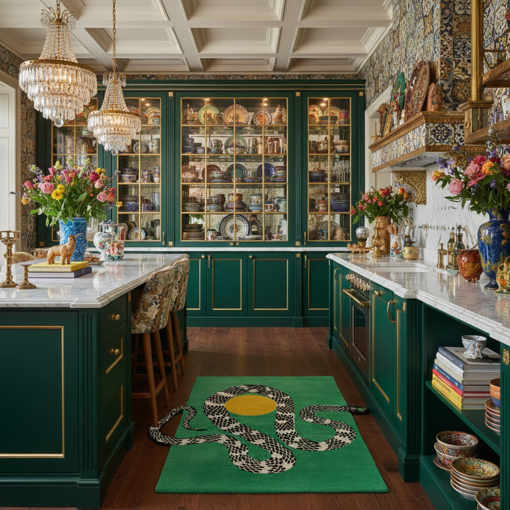 Snake and Sun Green Hand Tufted Wool Rug III