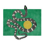 Vibrant area rug featuring a striking black and white snake design against a rich green background with a golden sun motif. This contemporary wool rug adds a bold touch to any living room decor.