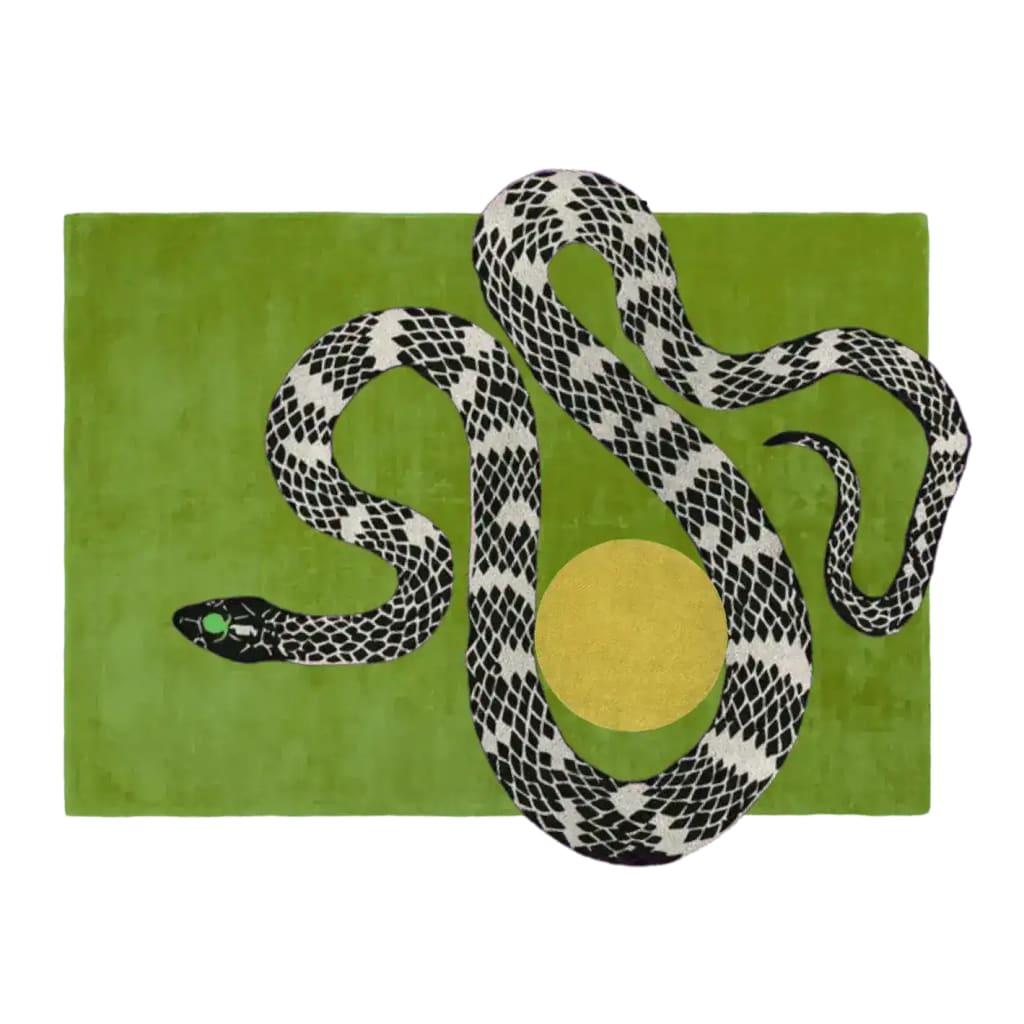 This image features the Snake and Sun Hand Tufted Wool Rug in Moss Green, showcasing a striking black and white snake design set against a vibrant green backdrop. Perfect for adding a touch of contemporary style to your living room, this large area rug measures 8x10 and is ideal for those seeking unique and artistic living room rugs.