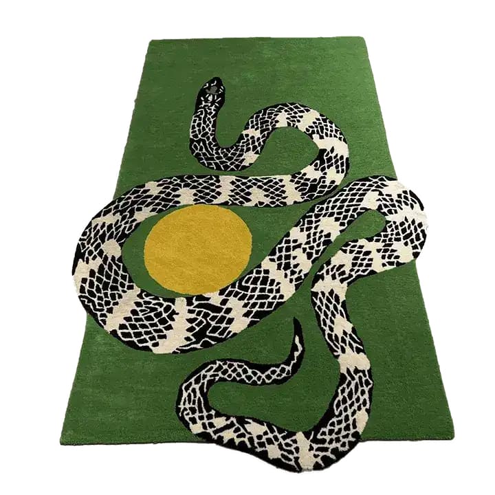 A contemporary wool area rug featuring a striking black and white snake design intertwined with a bold yellow sun on a lush moss green background. Ideal for living rooms, this large 8x10 rug adds a modern artistic touch to any space.
