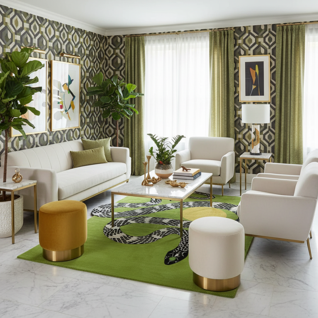 Snake and Sun Hand Tufted Wool Rug - Moss Green