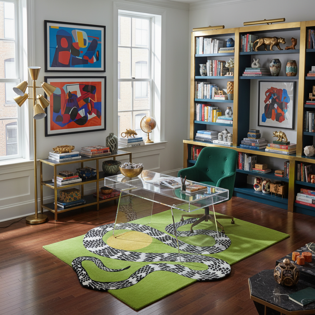 Snake and Sun Hand Tufted Wool Rug - Moss Green