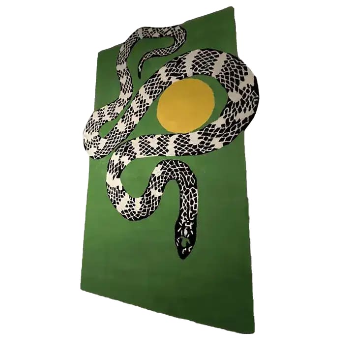 A striking Snake and Sun hand-tufted wool area rug in moss green, featuring a bold black and white snake design intertwined with a yellow sun. This contemporary rug, ideal for a living room, adds a touch of modern artistry to your space. Perfect as a large area rug for living rooms, measuring 8x10, it combines style and comfort for a cozy atmosphere.