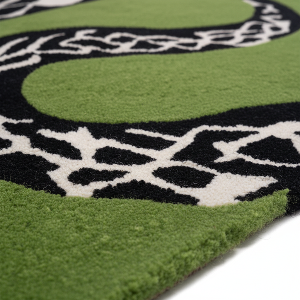 Close-up of a green, black, and white patterned rug
