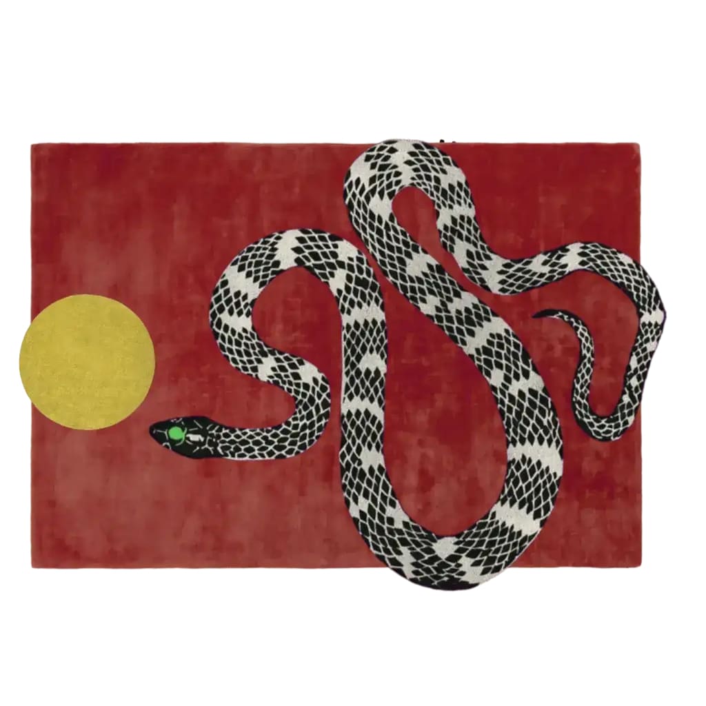 This vibrant area rug features a striking design of a black and white snake slithering across a bold red background, accompanied by a yellow sun motif. Perfect for adding a contemporary touch to a living room, this 8x10 wool rug is both stylish and durable, making it an ideal choice for those seeking unique living room rugs.