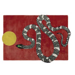 This vibrant area rug features a striking design of a black and white snake slithering across a bold red background, accompanied by a yellow sun motif. Perfect for adding a contemporary touch to a living room, this 8x10 wool rug is both stylish and durable, making it an ideal choice for those seeking unique living room rugs.