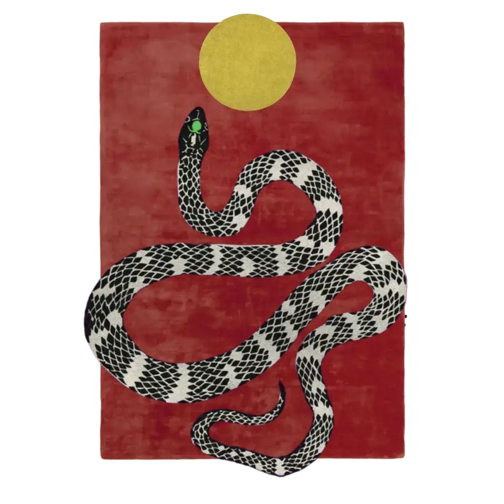 A striking area rug featuring a bold, hand-tufted wool design with a black and white snake against a deep red background, topped with a golden sun. Perfect for adding a contemporary touch to your living room, this 8x10 rug makes a statement as a centerpiece in modern living spaces.