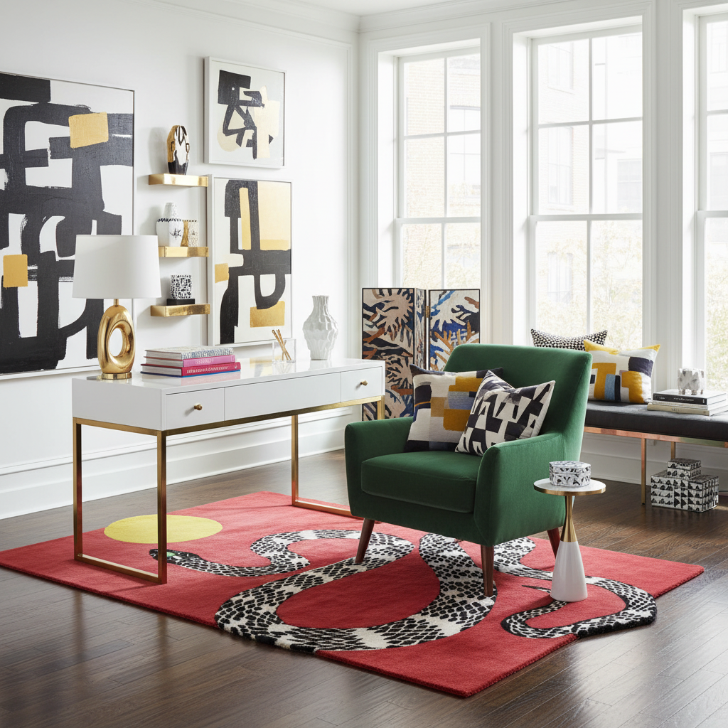 Modern living room with a green armchair, white console table, a red snake rug, and abstract art on the walls.