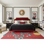 Elegant bedroom with a red rug, bed, and wall art