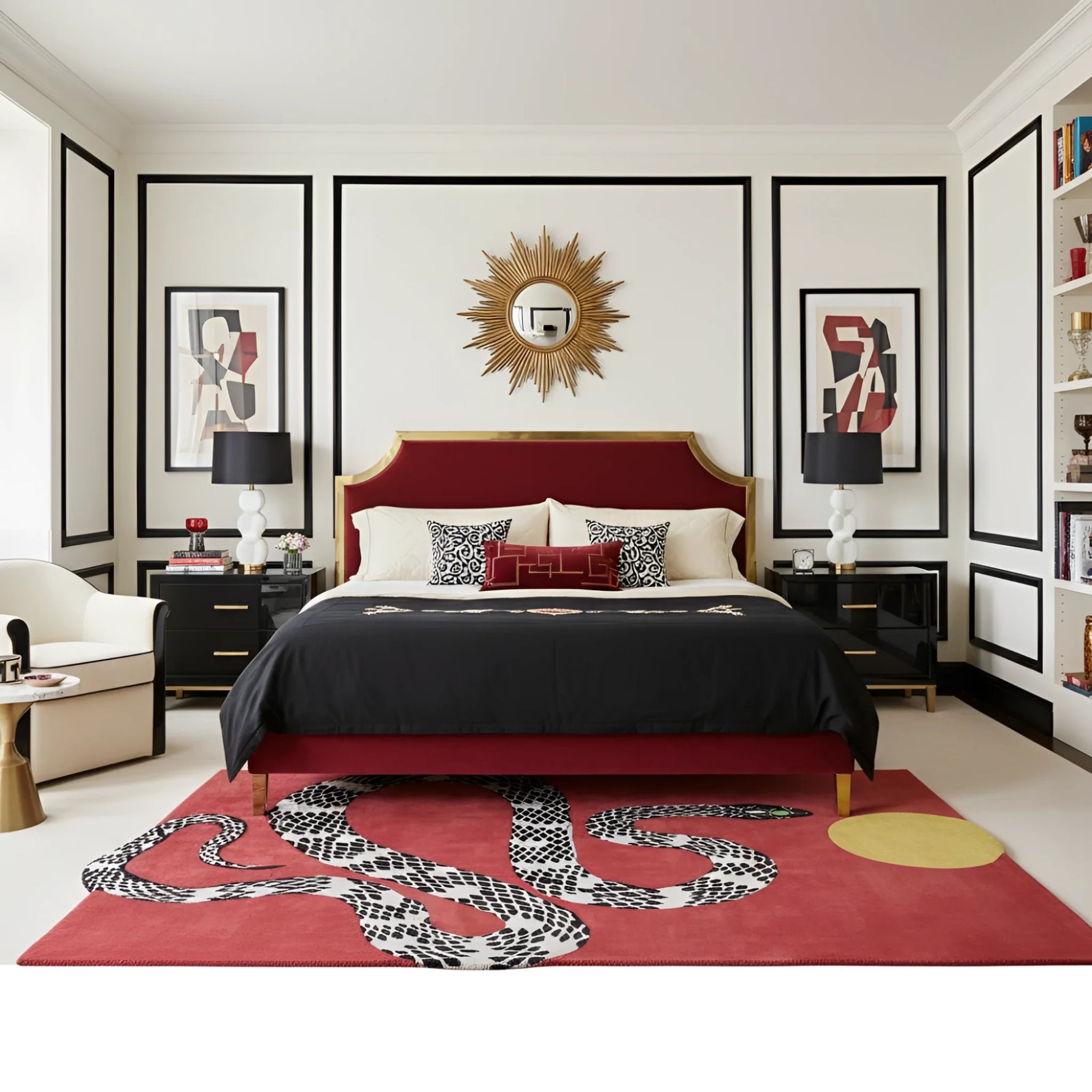 Elegant bedroom with a red rug, bed, and wall art