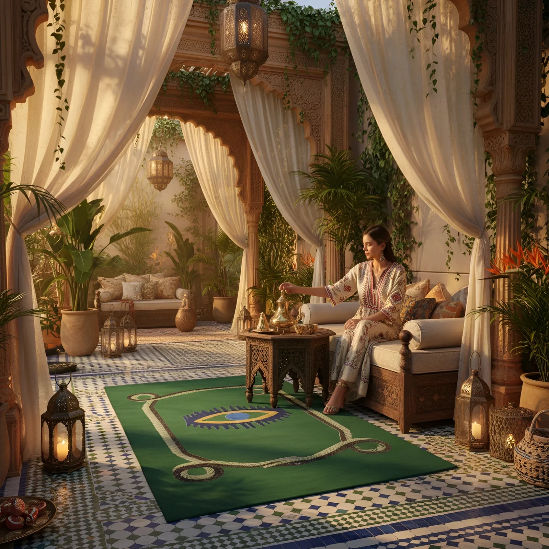 Woman sitting on a couch in a luxurious outdoor patio with decorative snake rug, and plants.
