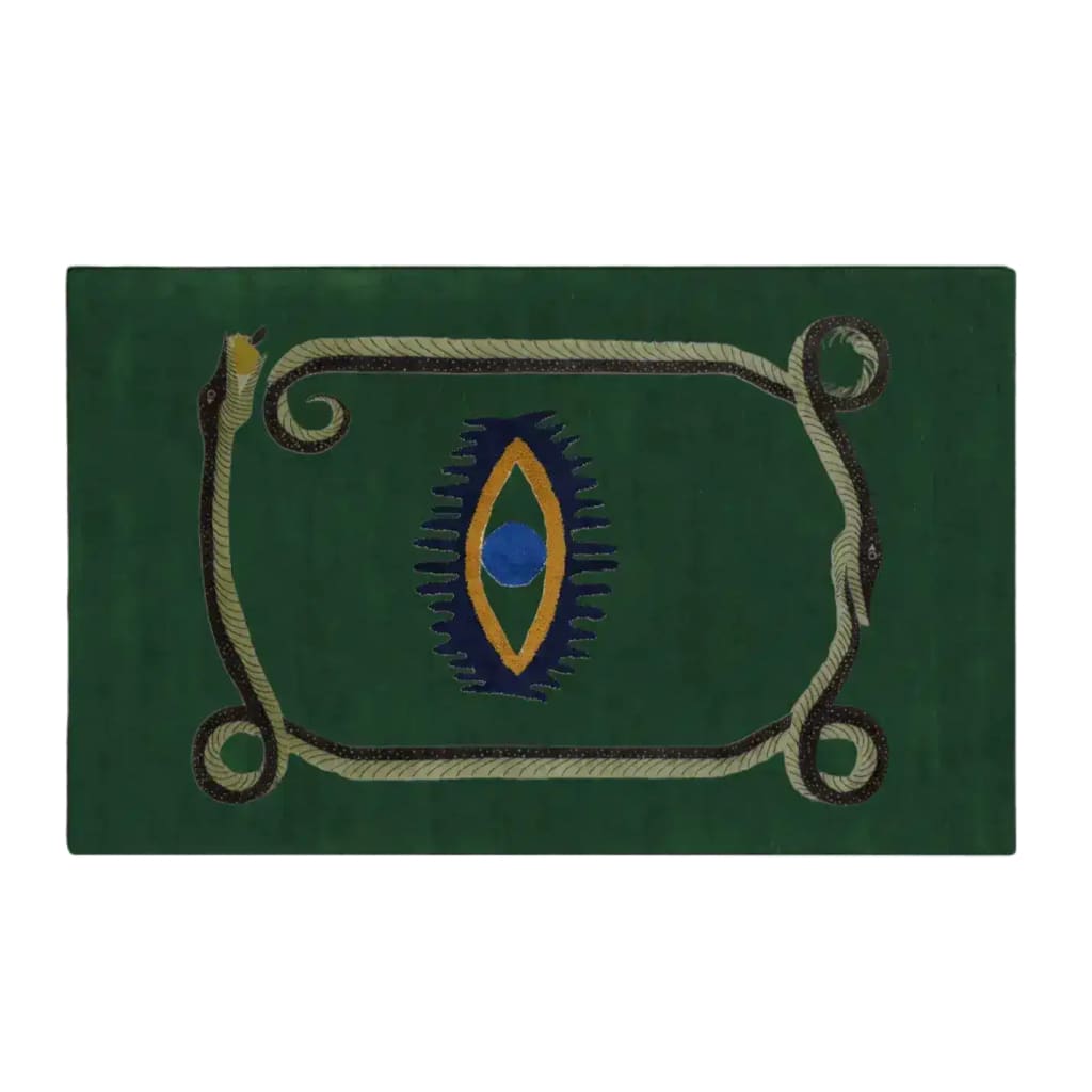 A striking area rug featuring an artistic design with a snake motif and yellow evil eyes on a rich green wool background. Perfect for adding a touch of vintage charm to any space, this hand-tufted rug is ideal for use in the dining room, bedroom, or as a hallway runner. Its unique design makes it suitable as a kitchen or bathroom runner rug, offering both style and durability.