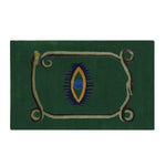 A striking area rug featuring an artistic design with a snake motif and yellow evil eyes on a rich green wool background. Perfect for adding a touch of vintage charm to any space, this hand-tufted rug is ideal for use in the dining room, bedroom, or as a hallway runner. Its unique design makes it suitable as a kitchen or bathroom runner rug, offering both style and durability.