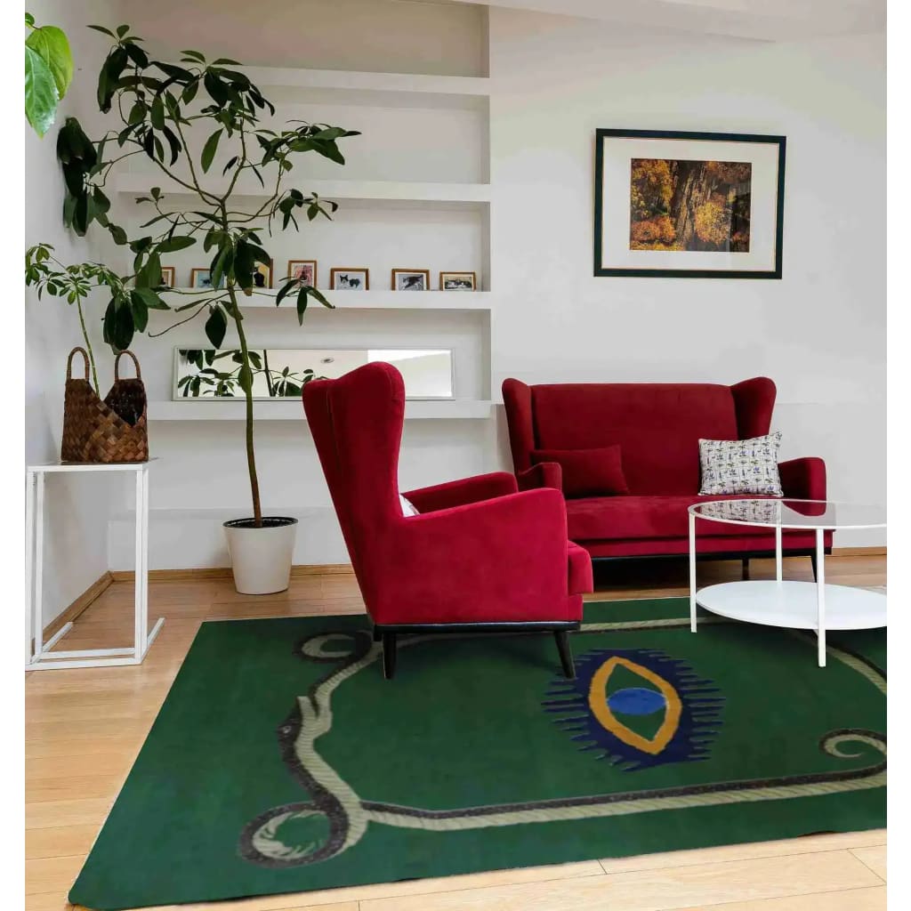 This stylish living room features a green hand-tufted wool rug with a unique snake and yellow evil eyes design, perfect for adding a touch of vintage elegance. The area rug complements the vibrant red seating arrangement, making it an ideal choice for dining rooms, bedrooms, or as a hallway runner rug. A large indoor plant and modern white shelves enhance the cozy and inviting atmosphere.