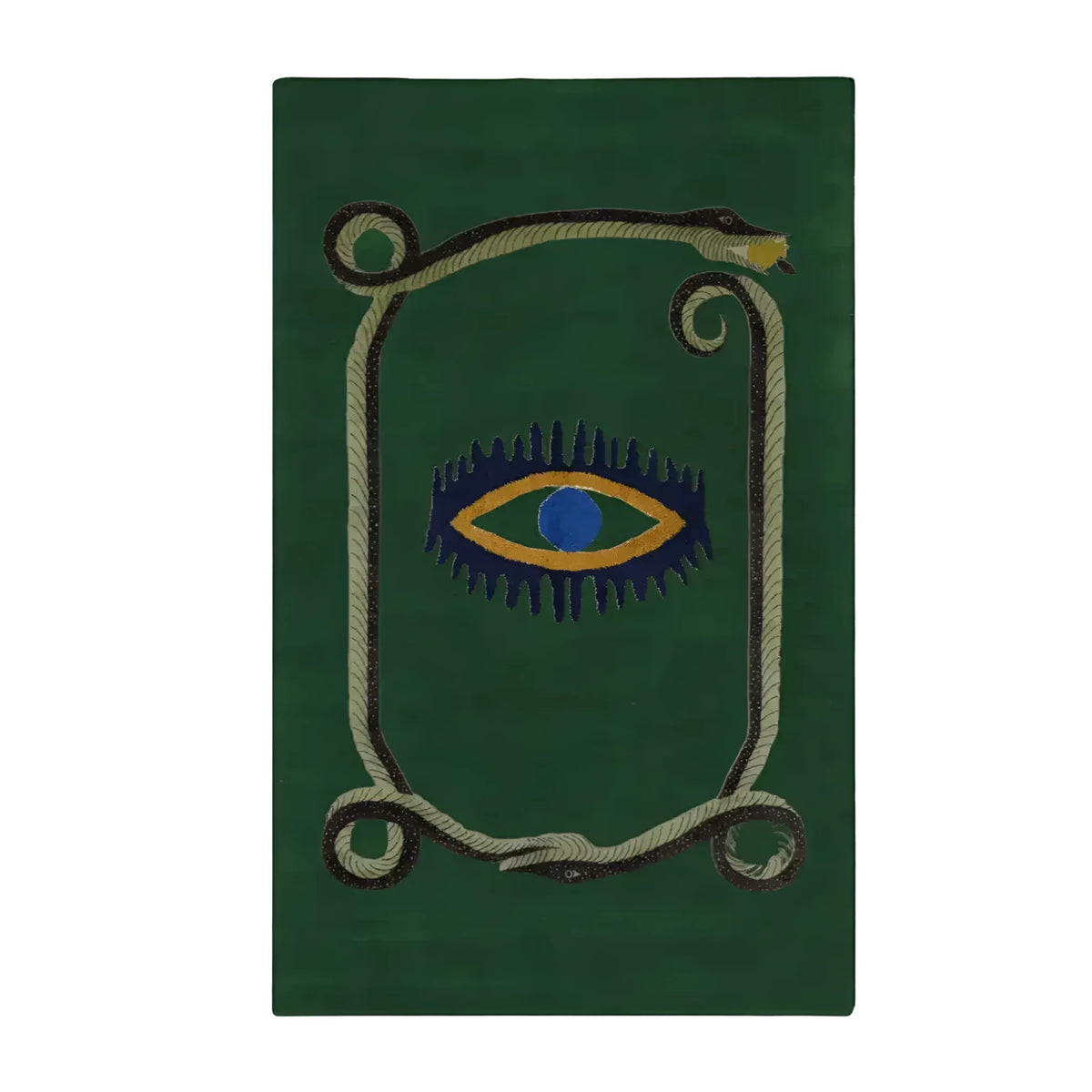 A unique area rug featuring a striking design with a central yellow evil eye surrounded by a coiling snake on a rich green background. This hand-tufted wool rug adds an artistic touch to any space, making it perfect for use as a kitchen rug, hallway runner rug, or in the dining room and bedroom. Its vintage charm and bold design make it a standout piece for those looking to enhance their decor with a stylish wool rug.