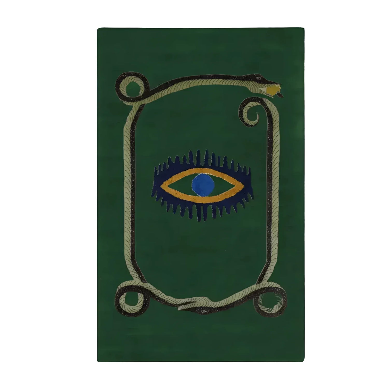 A unique area rug featuring a striking design with a central yellow evil eye surrounded by a coiling snake on a rich green background. This hand-tufted wool rug adds an artistic touch to any space, making it perfect for use as a kitchen rug, hallway runner rug, or in the dining room and bedroom. Its vintage charm and bold design make it a standout piece for those looking to enhance their decor with a stylish wool rug.
