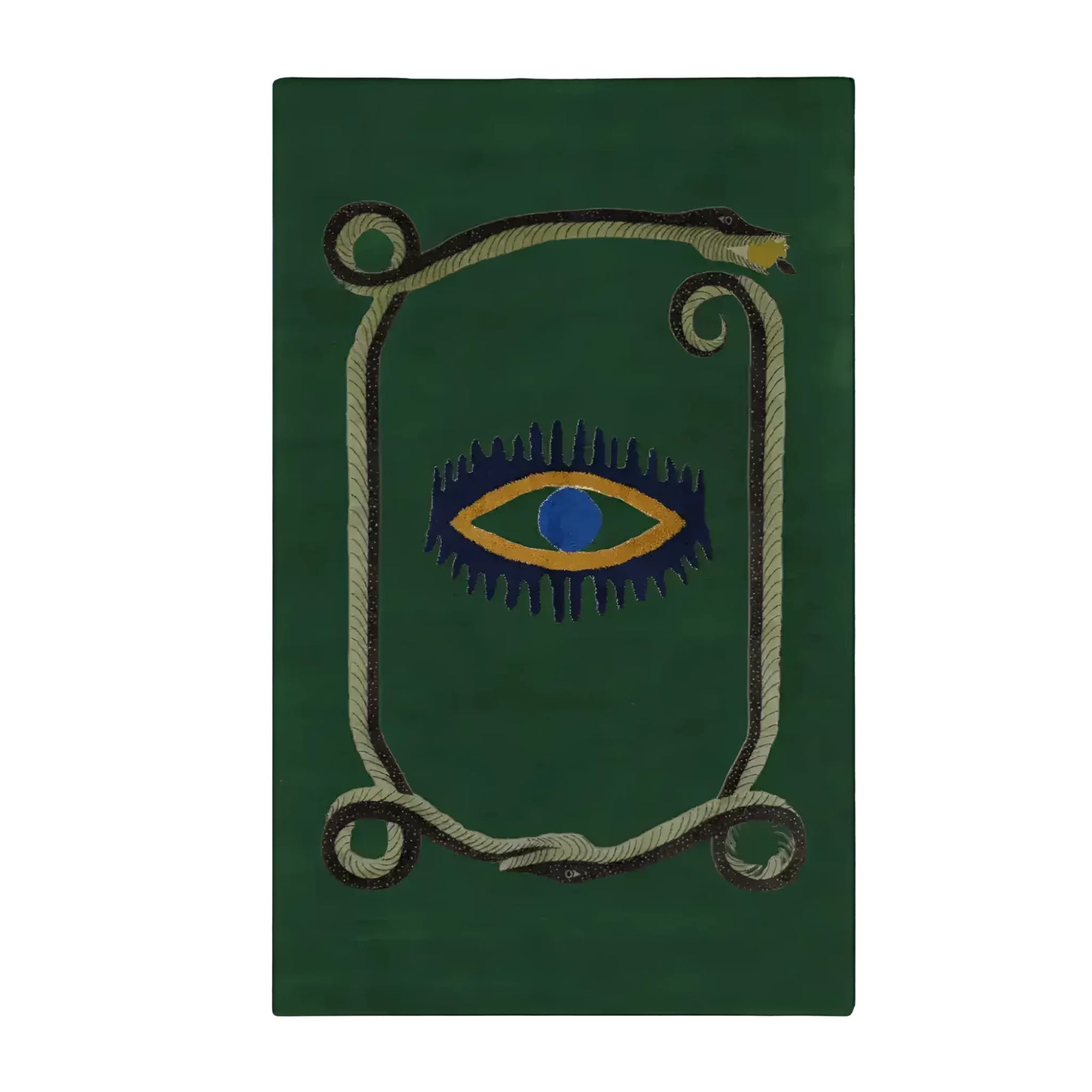 A unique area rug featuring a striking design with a central yellow evil eye surrounded by a coiling snake on a rich green background. This hand-tufted wool rug adds an artistic touch to any space, making it perfect for use as a kitchen rug, hallway runner rug, or in the dining room and bedroom. Its vintage charm and bold design make it a standout piece for those looking to enhance their decor with a stylish wool rug.