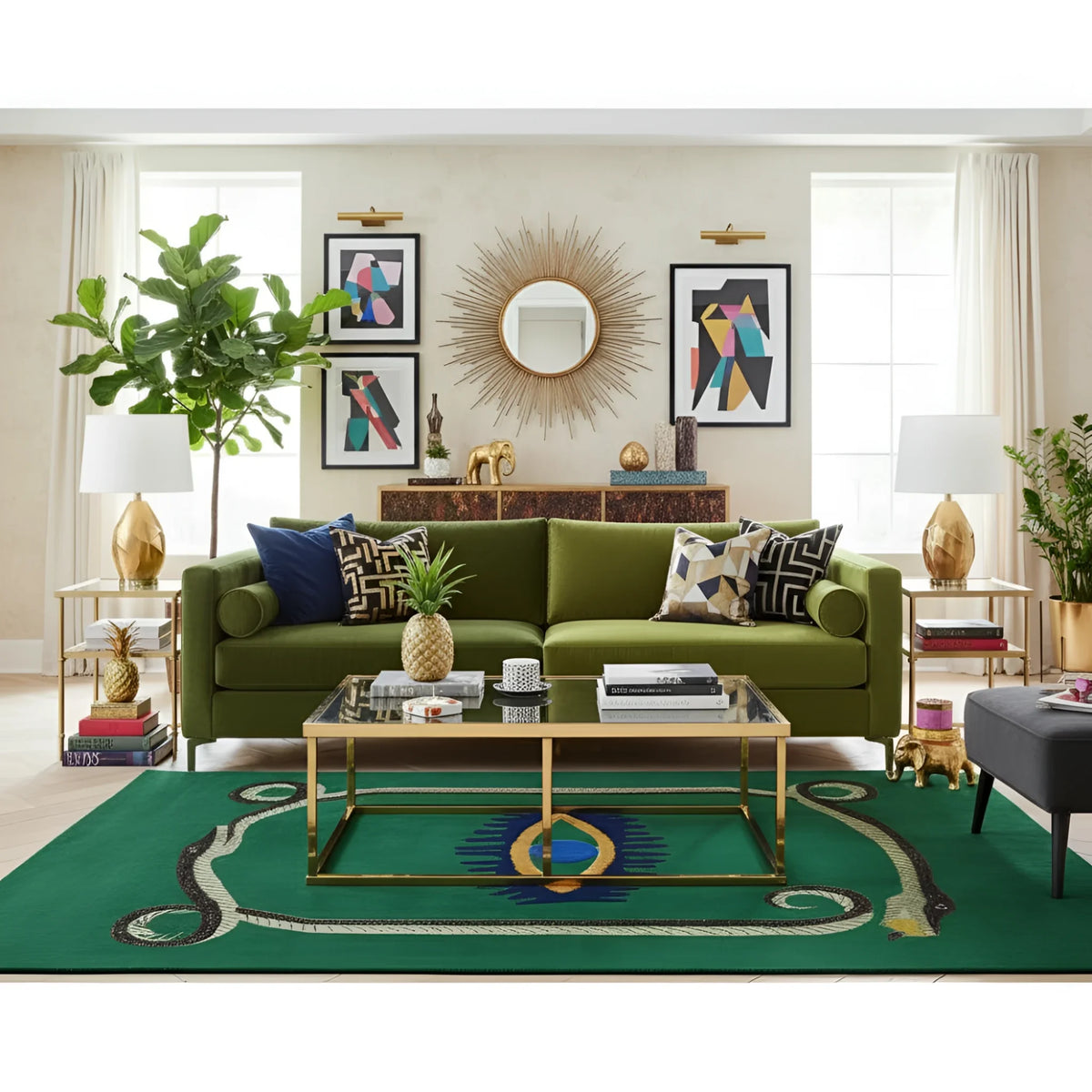 Modern living room with a green sofa, a contemporary snake wool rug, coffee table, and decorative elements.