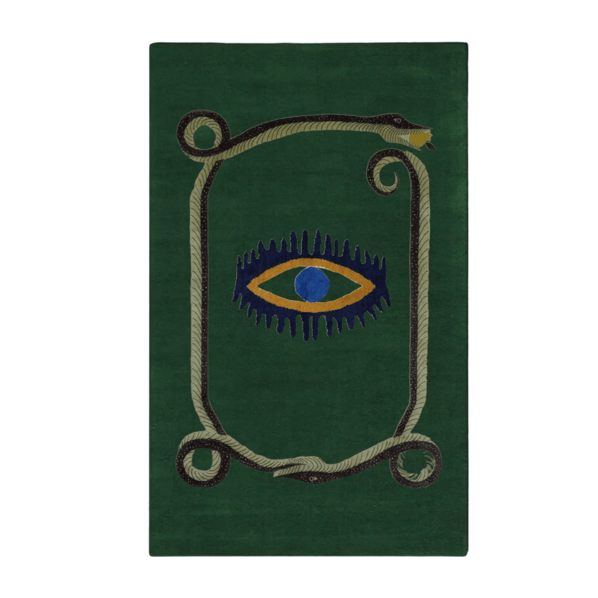 Snake and Yellow Evil Eyes Green Hand Tufted Wool Rug