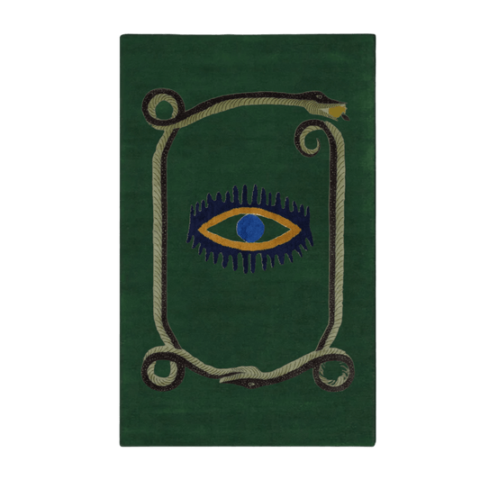 Snake and Yellow Evil Eyes Green Hand Tufted Wool Rug - MAIA HOMES