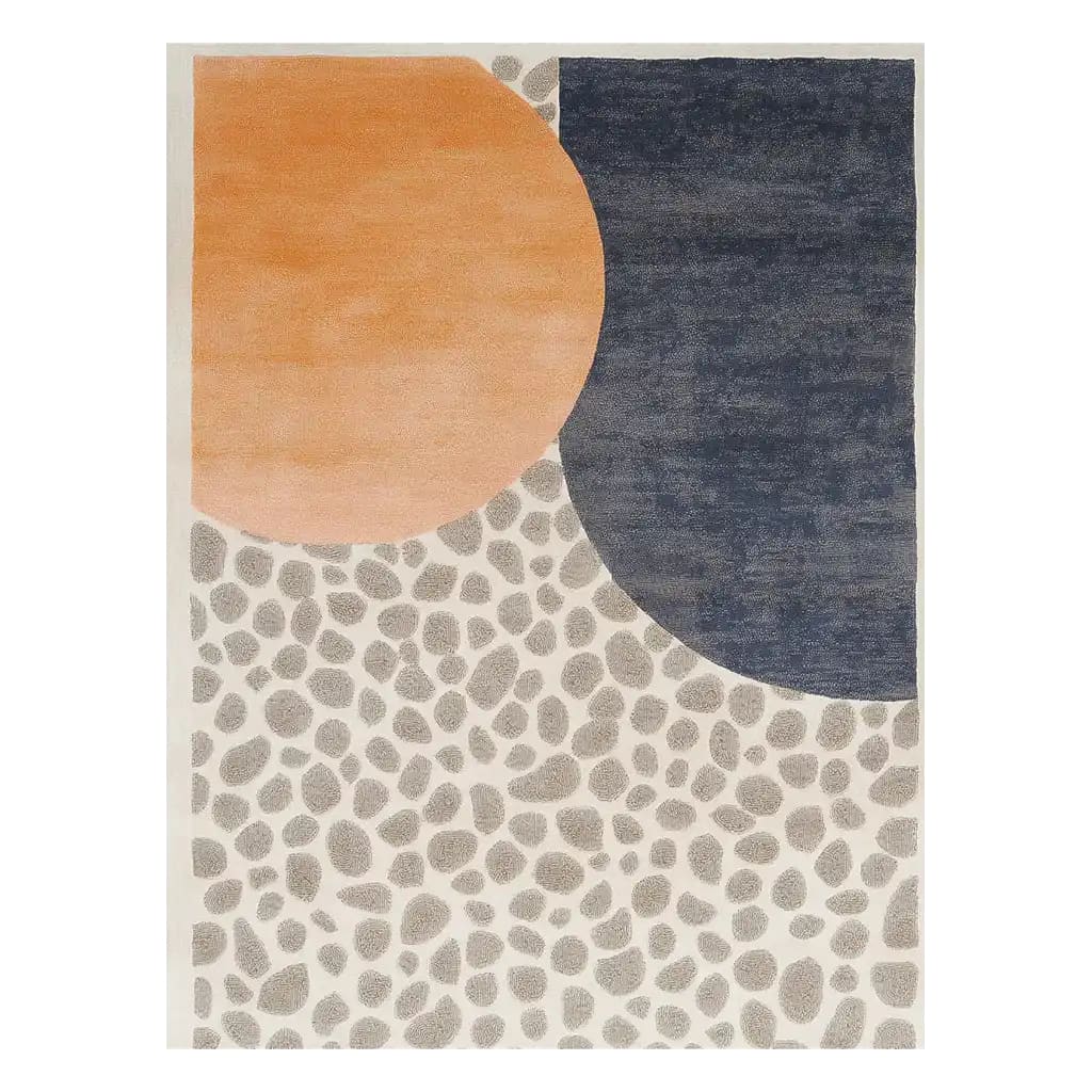 A contemporary area rug featuring a hand-tufted wool design with abstract shapes in warm orange and deep blue tones. The background showcases a pebble-like pattern, adding texture and style, perfect for modern living rooms.