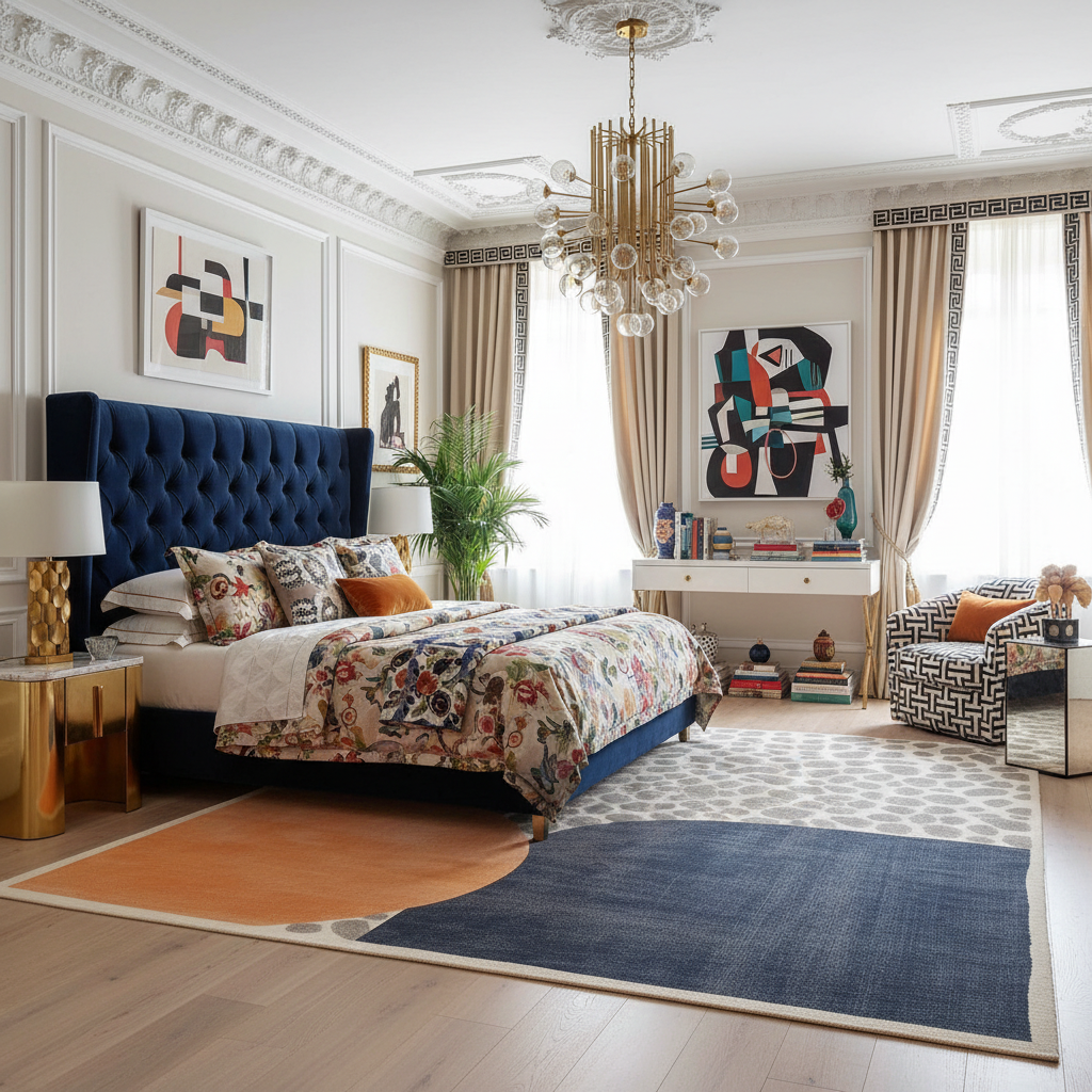 Luxurious bedroom with a large bed, colorful bedding, a contemporary hand-tufted wool rug, and decorative elements.