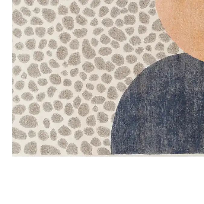 Top view of the Soaring Enigma Hand Tufted Wool Rug, a contemporary area rug featuring a modern abstract design with neutral tones and geometric shapes, ideal for enhancing any living room decor.