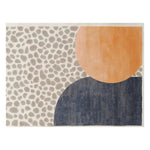 Top view of a Soaring Enigma Hand Tufted Wool Rug showcasing an abstract design. This contemporary rug features a unique combination of orange, navy blue, and pebble-like grey shapes. Perfect for adding a stylish touch to area rugs for living room spaces.