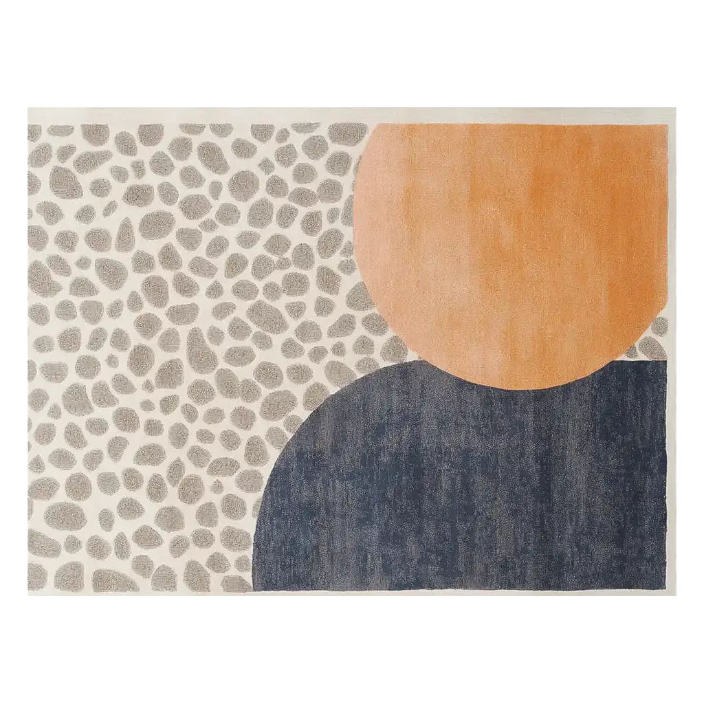 Top view of a Soaring Enigma Hand Tufted Wool Rug showcasing an abstract design. This contemporary rug features a unique combination of orange, navy blue, and pebble-like grey shapes. Perfect for adding a stylish touch to area rugs for living room spaces.
