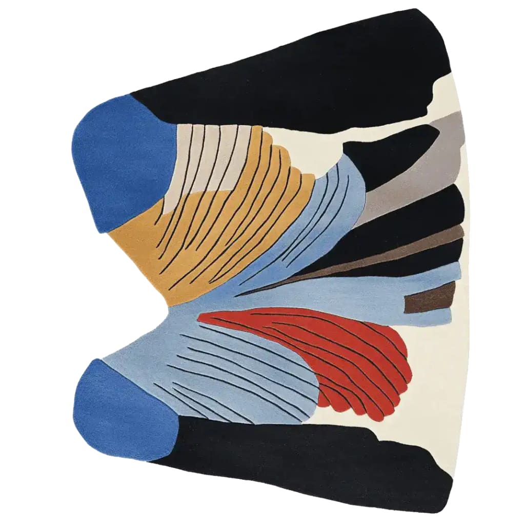 A vibrant area rug showcasing an abstract, contemporary design with bold colors and shapes. This hand-tufted wool rug features a dynamic mix of blue, red, yellow, and black, perfect for adding a modern touch to living room spaces. Ideal for 8x10 living room settings, this area rug is a stunning piece for those seeking stylish and unique area rugs for their home.