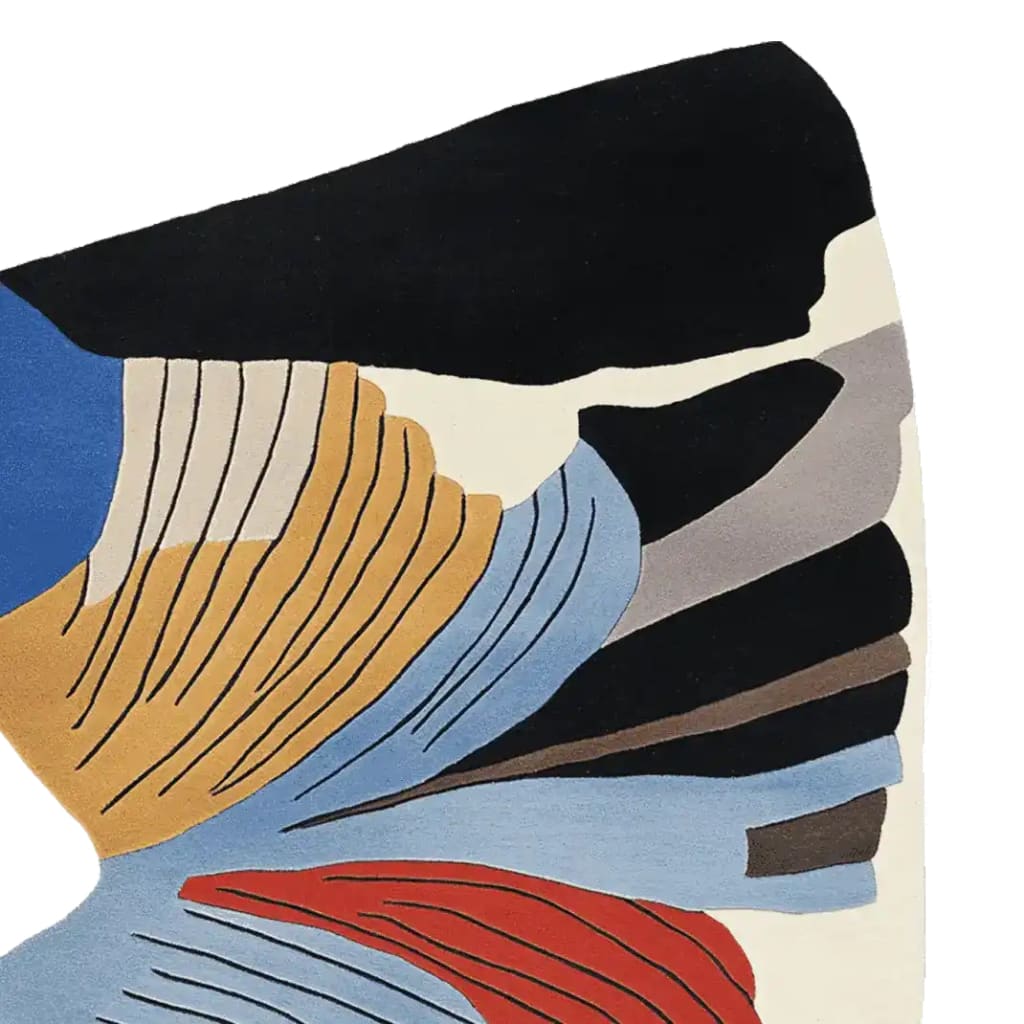 Close-up view of the Soaring Shape Symphony Hand Tufted Rug, showcasing its vibrant abstract design with bold colors like blue, red, and mustard. This contemporary wool area rug is ideal for modern living rooms, fitting perfectly as an 8x10 rug.