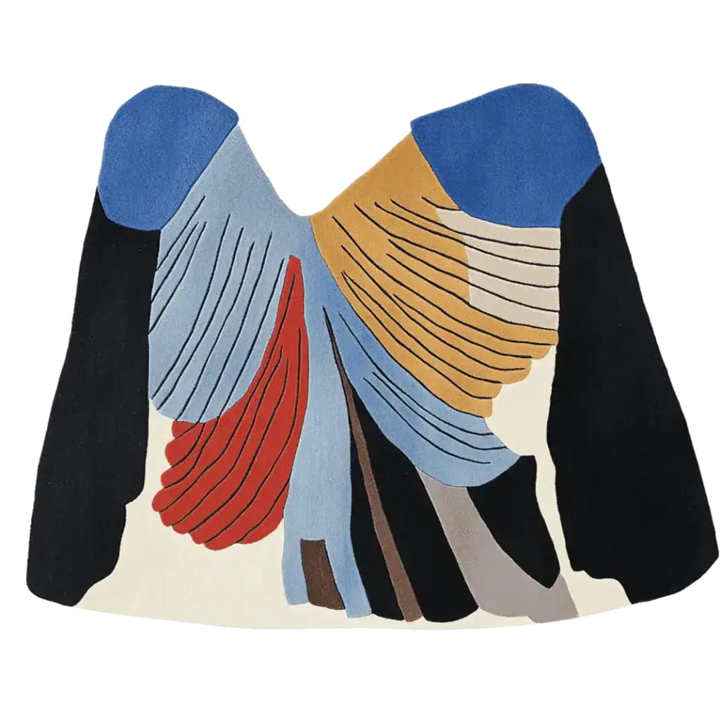 Top view of the Soaring Shape Symphony Hand Tufted Rug, an abstract area rug with a contemporary design. The wool rug features a vibrant mix of blue, red, mustard, and black hues, making it an ideal choice for living room rugs sized 8x10. This piece adds a modern touch to area rugs for living room settings.